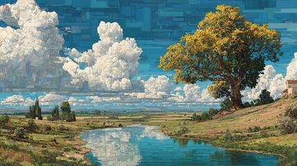 A Painting of a Lush Tree of Life Along a River Bank, with Sun and Clouds Filling the Sky, Created by Generative AI