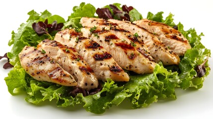 Sliced grilled chicken breast served on a fresh green lettuce salad with herbs