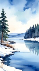 Watercolor painting depicts a serene winter landscape with a frozen river