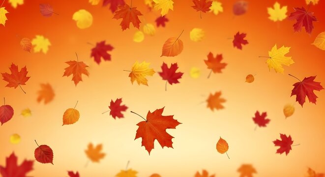 A vibrant cascade of autumn leaves falling gently against a warm, gradient background, evoking the essence of fall
