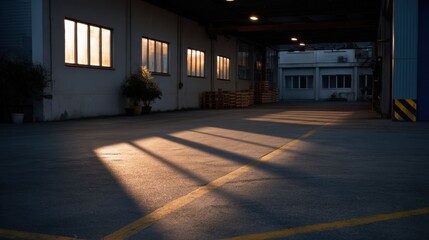 Long Shadows Cast by Lampposts in an Empty Warehouse Environment at Dusk