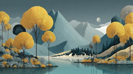 Golden and Silver Plants, Lakes, and Mountains Illustrated Poster Background