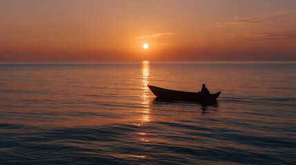Obraz premium Dark Outline of a Boat at Sunset Over Calm Waters in a Tranquil Seascape