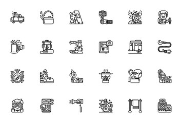 Backpacker icon set. Outdoor vector icons pack. Incldes symbols for camping tet, backpack, compass, map,bonfire, first aid, flashlght and more. Editable strke.