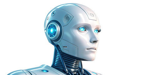 A futuristic blue screen robot head, a 3D cyborg android character representing technology and communication