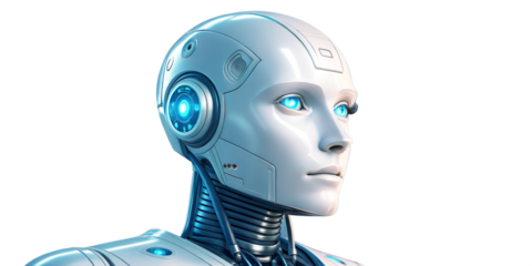 A futuristic blue screen robot head, a 3D cyborg android character representing technology and communication