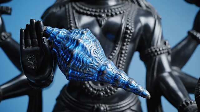 Black Statue of Hindu God Vishnu Holding a Blue Conch Shell.