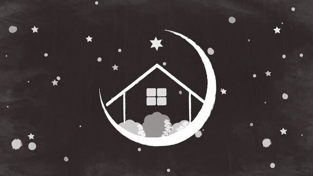 Dreamy Chalk Style Cozy House Floating in the Starry Snowy Night