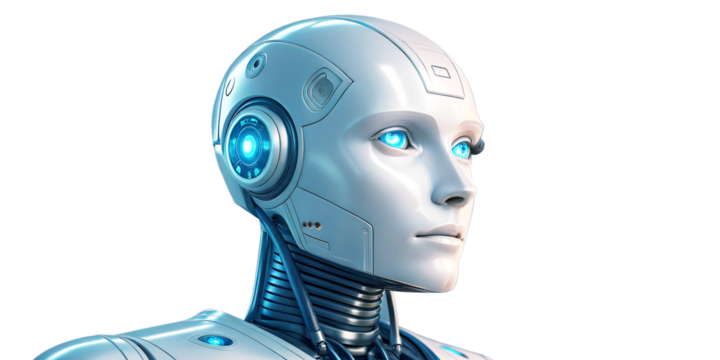 A futuristic blue screen robot head, a 3D cyborg android character representing technology and communication