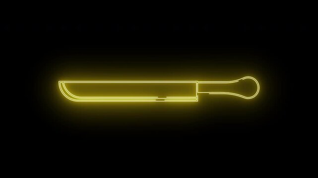 Neon yellow machete with a curved handle and straight blade against a black background