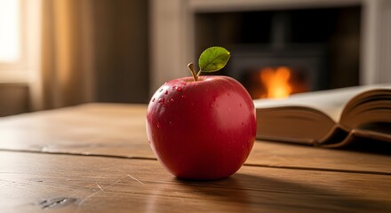 Vibrant red apple on wooden table with open book and fireplace backdrop