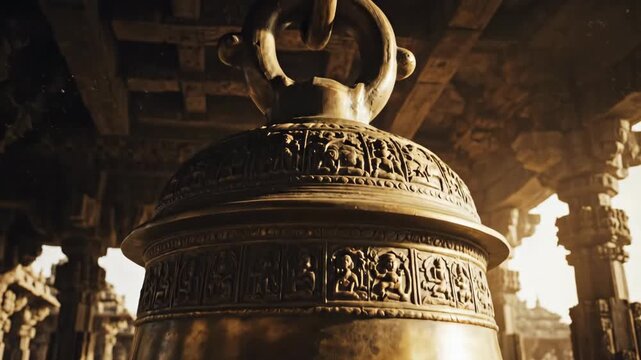 Close Up View of a Large Ancient Temple Bell with Carvings.