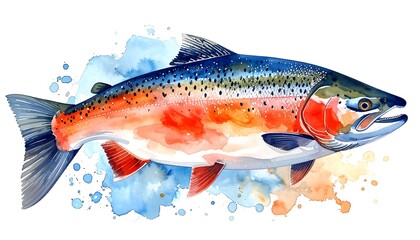 Watercolor painting of a colorful salmon with detailed scales and fins