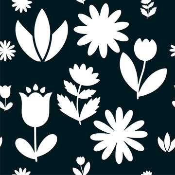 Blue and White Floral Seamless Pattern with Tulip and Daisy