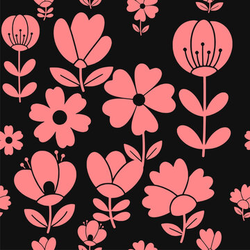 Pink and Black Floral Seamless Pattern with Simple Botanical Design
