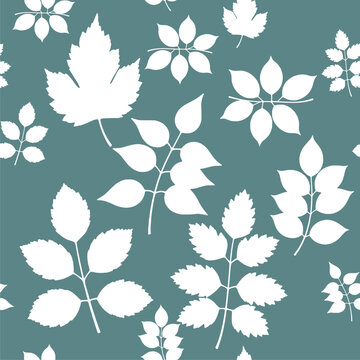 Blue Botanical Seamless Pattern with White Leaf Shapes