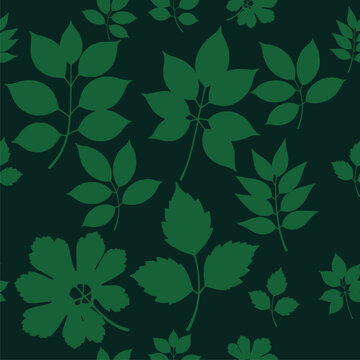 Dark Green Botanical Seamless Pattern with Leafy Design