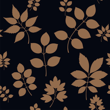 Black and Brown Botanical Seamless Pattern with Elegant Leaves