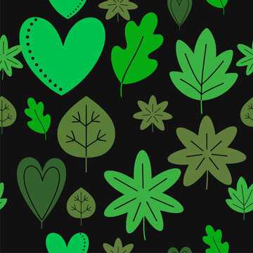 Neon Green Leaf Seamless Pattern with Heart Motifs