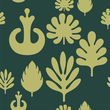 Olive and Gold Floral Seamless Pattern with Abstract Leaves