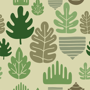 Olive Green Nature Seamless Pattern with Hand Drawn Leaves