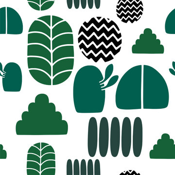 Blue and Green Geometric Botanical Seamless Pattern
