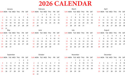 2026 calendar, showing all twelve months in a grid layout with days of the week and dates clearly visible, perfect for planning and organizational purposes