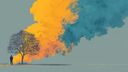 Man Draws Abstract Tree with Colorful Smoke Flare, Illustration Painting