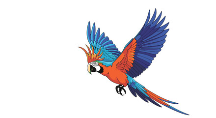 Obraz premium A vibrant macaque parrot with colorful plumage soars through the air with its wings outstretched in flight.