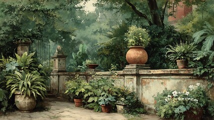 Moody Oil Painting of a Victorian Garden: Muted Colors, Decorative Ornaments, and Lush Plant Growth in the Victorian Era