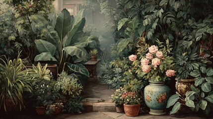 Moody Oil Painting of a Victorian Garden: Muted Colors, Decorative Ornaments, and Lush Plant Growth in the Victorian Era