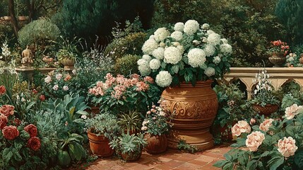 Moody Oil Painting of a Victorian Garden: Muted Colors, Decorative Ornaments, and Lush Plant Growth in the Victorian Era
