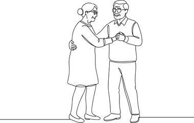 Elderly couple dancing together in line vector style, transparent background  