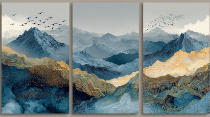 Mountain Canvas Art Print: Triptych Wall Art Vector, China Poster, Watercolor Landscape, Floating Mountains with Golden Line Art Design for Home Decor, Office Art and Wallpaper