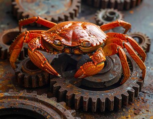 A cooked crab sitting atop of rusted, industrial metal gears