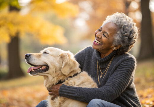 Senior black elderly woman cuddeling with her dog