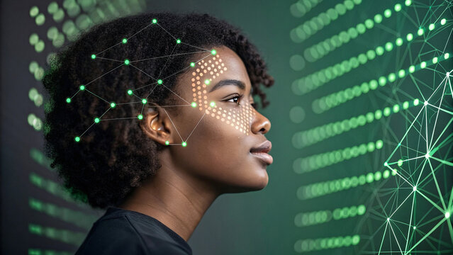 Black woman female IT specialist face with artificial intelligence green virtual code. ai illustration. - Powered by Adobe