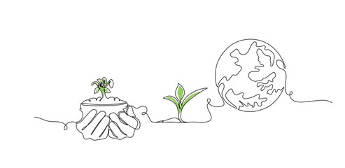 World environment day minimalist vector background with earth in hands and plant. One continuous line drawing. 