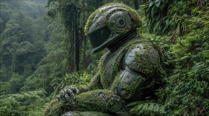Robot Statue in a Lush Green Jungle, High Resolution Picture