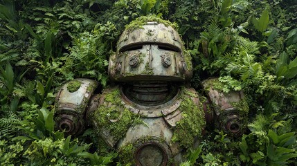 Robot Statue in a Lush Green Jungle, High Resolution Picture