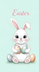 Fototapeta premium Adorable Easter Bunny with Decorated Eggs on Light Green Background