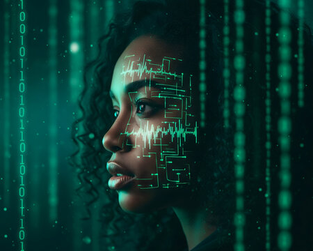 Black woman female IT specialist face with artificial intelligence green virtual code. ai illustration.
