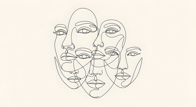 Minimalist continuous line art illustration showcasing a cluster of abstract human faces, embodying themes of individuality, interconnectedness, and shared experience