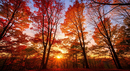 Fototapeta premium Autumn forest with glowing sunset through tall trees.