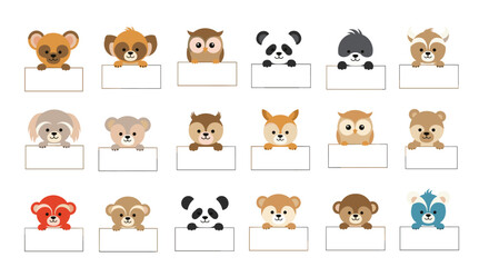 Cute pixelated forest animals peeking over blank signs illustration.