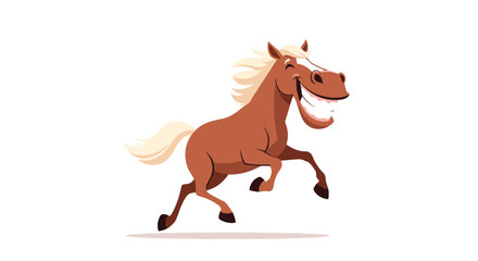 A happy brown cartoon horse with a flowing mane and tail is joyfully galloping with its mouth open in a wide smile.