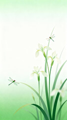 Fototapeta premium Dragonfly Flying Among White Flowers and Green Leaves