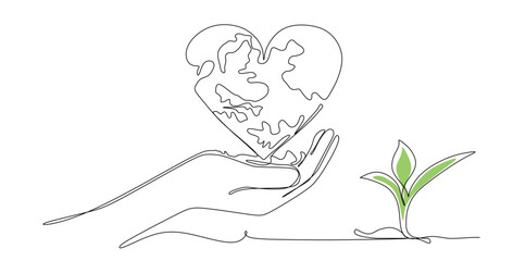 World environment day minimalist vector background with earth in hands and plant. One continuous line drawing. 