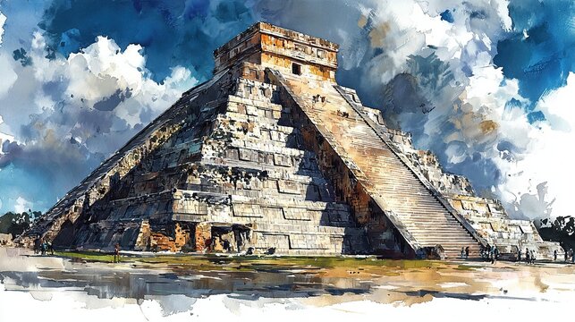 Watercolor Painting Depicting the Ancient Pyramid of Kukulkan Chichen Itza