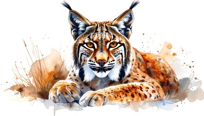 Watercolor depiction of a lynx cat resting with sharp eye contact